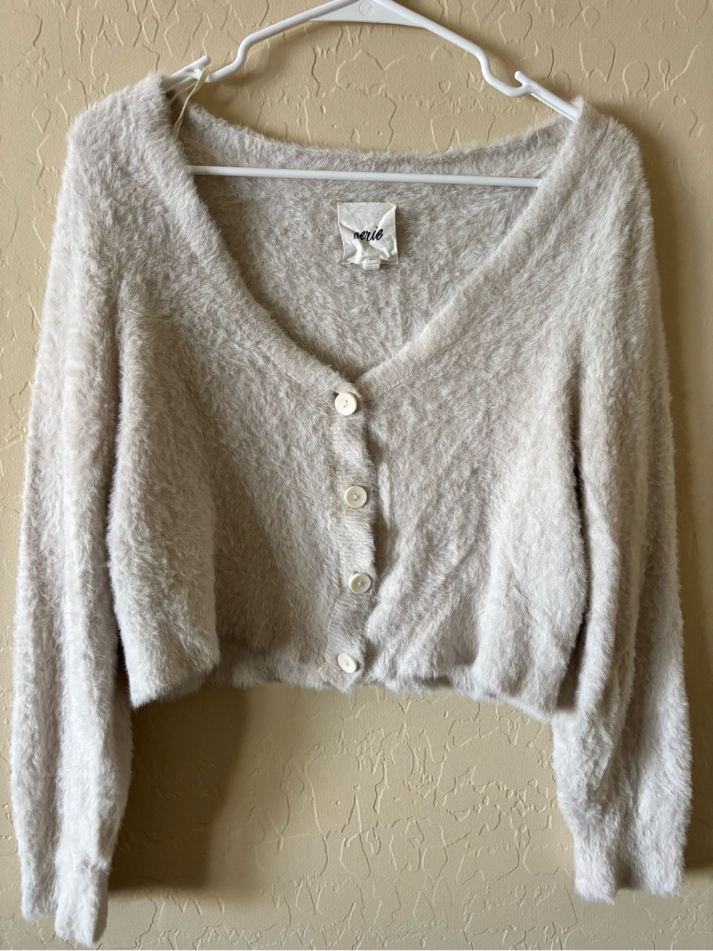 aerie Cream Fuzzy V‑Neck Button Crop Cardigan Sweater Small